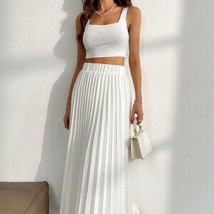 White Casual Women's Tank Top And Pleated Skirt 2-Piece Set
